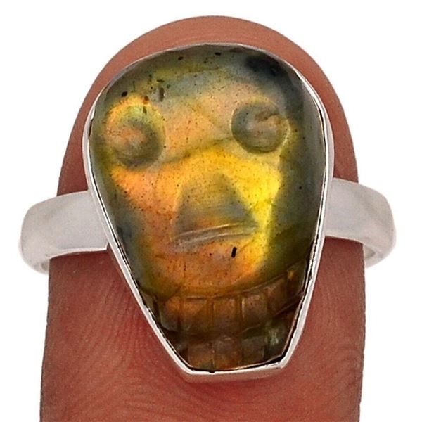 Carved Labradorite Skull & Sterling Silver Ring
