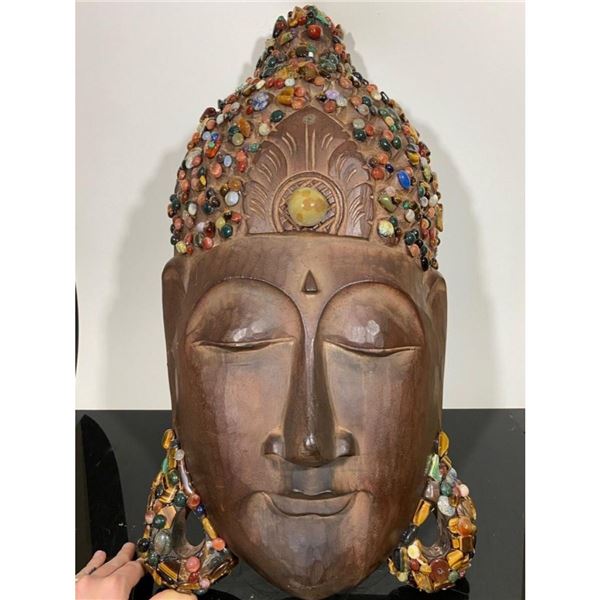 Carved Wood & Gemstone Buddha Head Sculpture