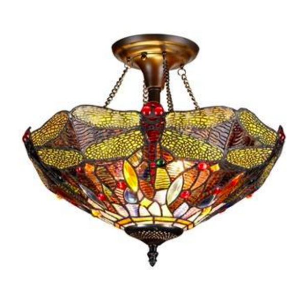 Tiffany Style Dragonfly 2 Light Stained Glass Ceiling Light