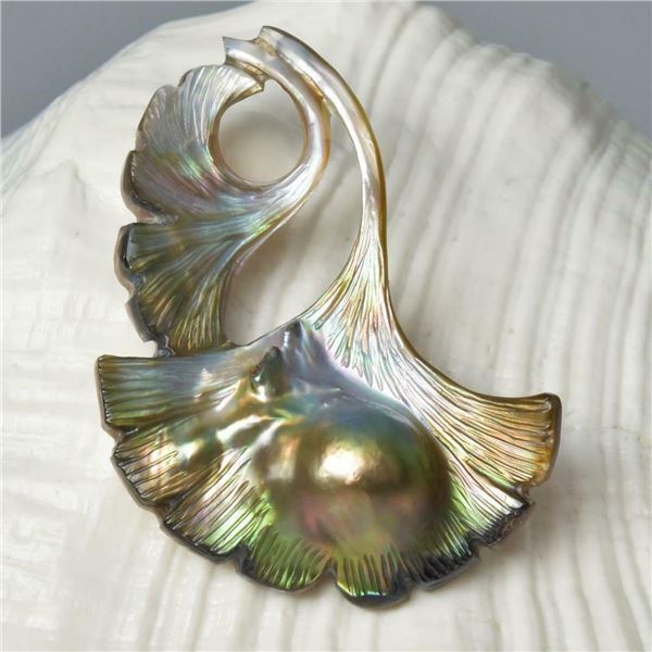 Handcrafterd Mabe Blister Pearl In Shell Carving, Gingko Leaf Pendant