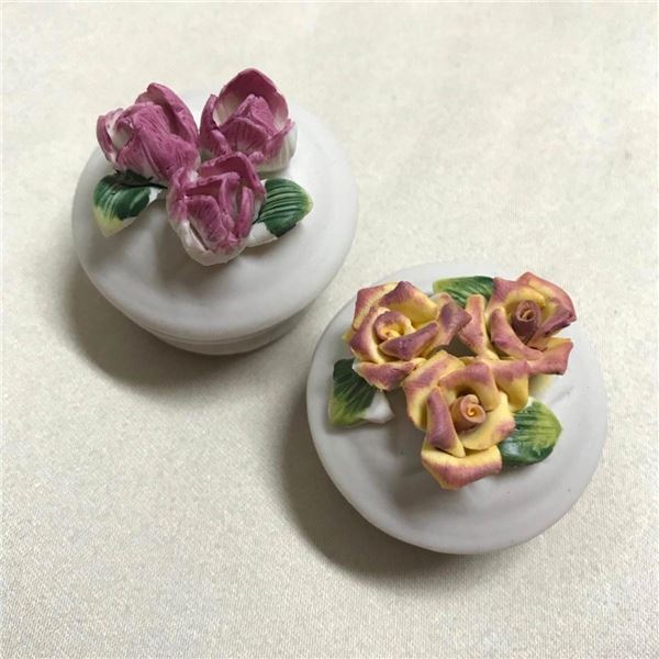 Pair of Bisque Porcelain Roses Trinket Boxes