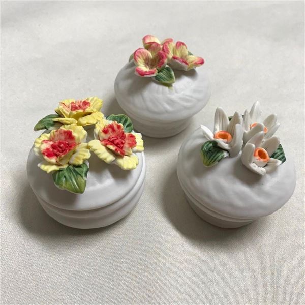 Group of Bisque Porcelain Flower Trinket Boxes
