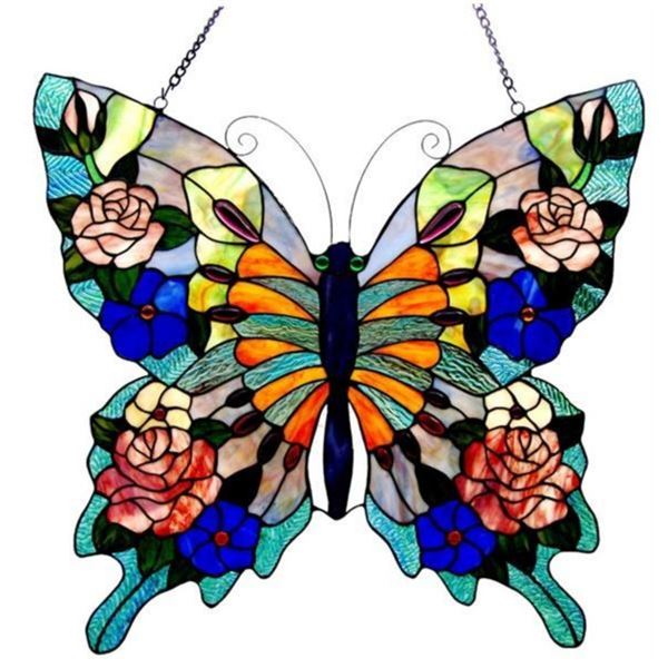 Butterfly Roses Stained Art Glass Hanging Window Panel
