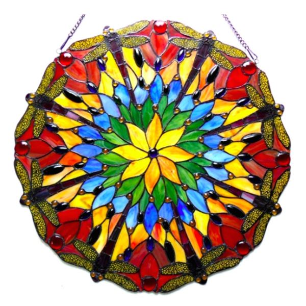 Dragonfly Flower Garden Stained Art Glass Hanging