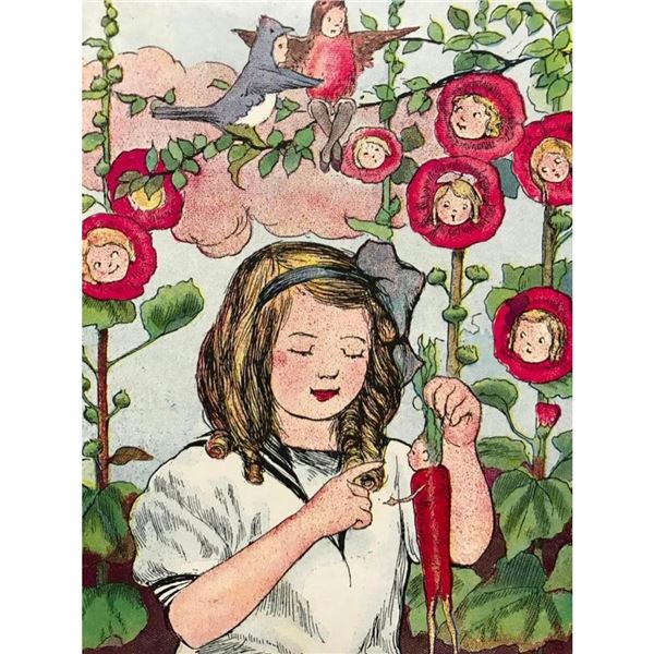 Early 1900's Little People In The Garden Color Lithograph