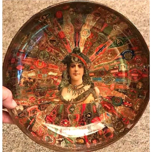 Late 19thc Victorian Folk Art Decoupage Cigar Band Glass Bowl