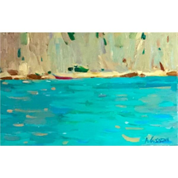 21st Century Impressionism, Signed Oil Painting, Blue Seascape Rocky Shore