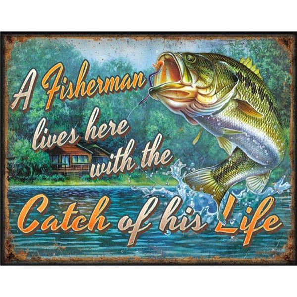 A Fisherman Lives Here Metal Pub Bar Sign