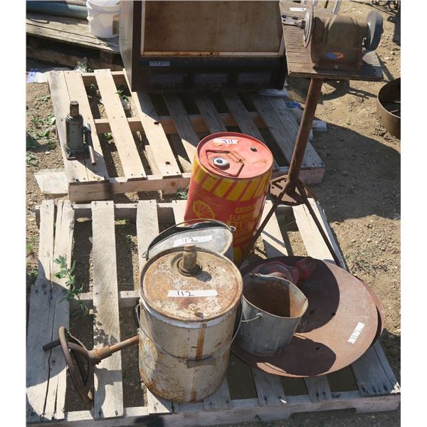 Pallet of Vintage Metal Discs, Grinder on Stand, Oil Cans, etc.