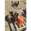 Image 2 : Pallet of Vintage Metal Discs, Grinder on Stand, Oil Cans, etc.