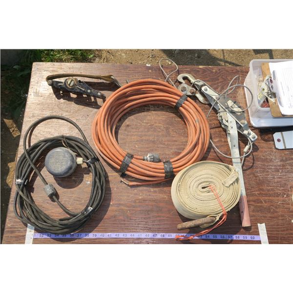 Lot; Come Along, Heavy Duty Strap, Cords, etc.