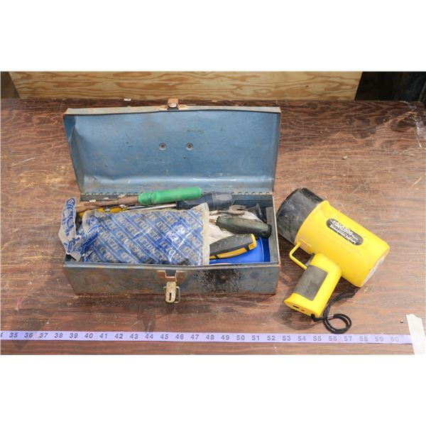 Small Metal Toolbox + Contents & Flashlight