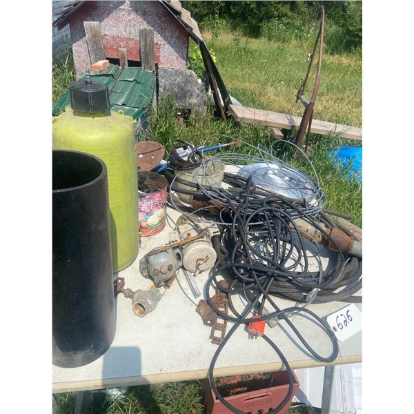 Table + Lot of Hose, Sprayer, Filters, etc. *ITEM OFF SITE*