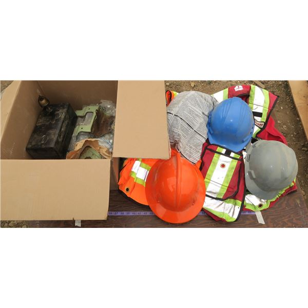 Box of Hard Hats/Nuts/Tecumseh 6HP Gas Tank/Safety Vests