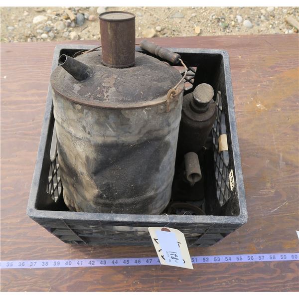 Crate of Antique Gas Can/Jack/Oiler