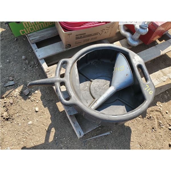 large plastic oil change tub & metal funnel