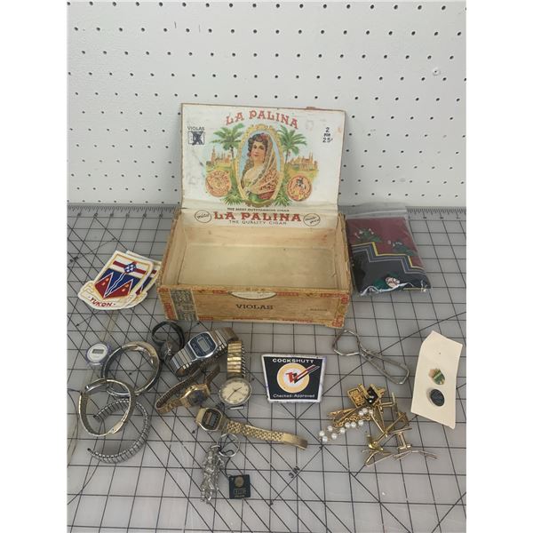 CIGAR BOX SMALLS LOT WATCHES CUFFLINKS COCKSHUTT STICKER