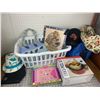 Image 1 : MISC LOT LAUNDRY BASKET BAGS HATS TIN SIGN ETC