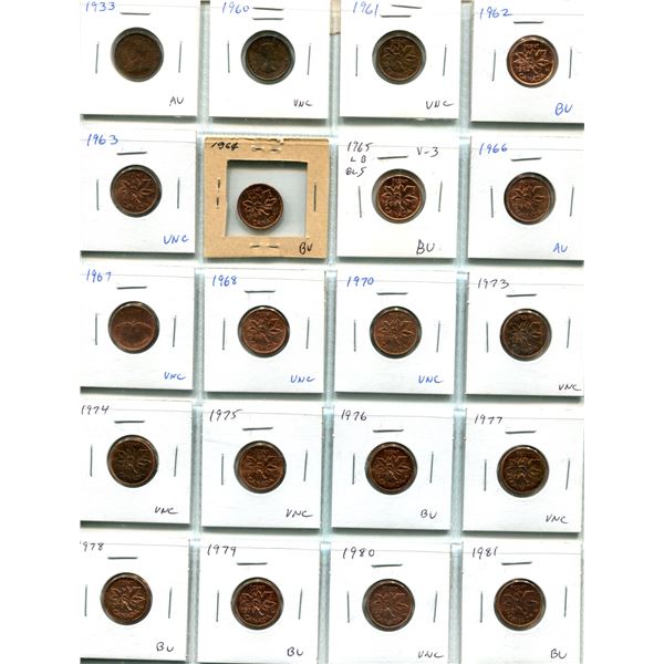 Lot of 20 Lustrous Canadian Small Cents 1933 – 1981. Includes 1933, 1960, 1961, 1962, 1963, 1964, 19