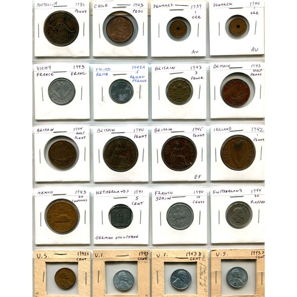 Lot of 20 World War II Coins from Australia, Chile, Denmark, Vichy France, German Third Reich, Great