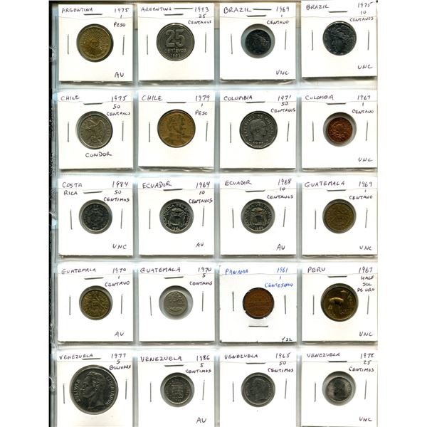 Lot of 20 Latin American coins from Argentina, Brazil, Chile, Colombia, Costa Rica, Ecuador, Guatema