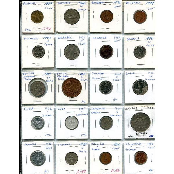 Lot of 20 Caribbean coins from Bahamas, Barbados, Bermuda, British Caribbean Territories, Cayman Isl