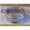 417  Pyrex 1.5 quart casserole dish plus lid, from oven to table with a decorative serving tray
