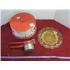 Image 1 : Vintage Cake Tin, Colored Glass Plate, Potato Ricer