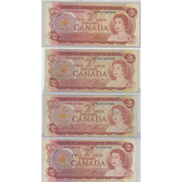 4× 1974 $2 Bills (AGZ7603246, BX3046156, ABG1835742, ABG5141465)