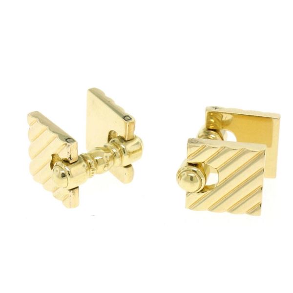 Authentic Cartier Men's 14K Yellow Gold Double Hinged Square Ribbed Cuff Links