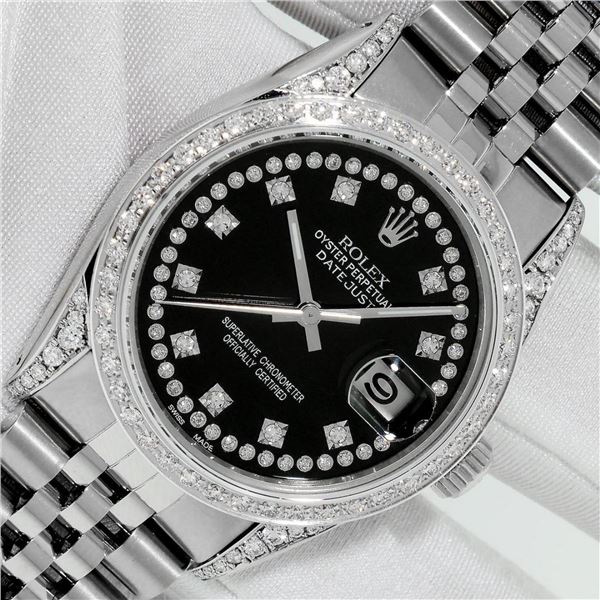 Rolex Mens Stainless Steel Black String Diamond Lugs Datejust Wristwatch With Ro