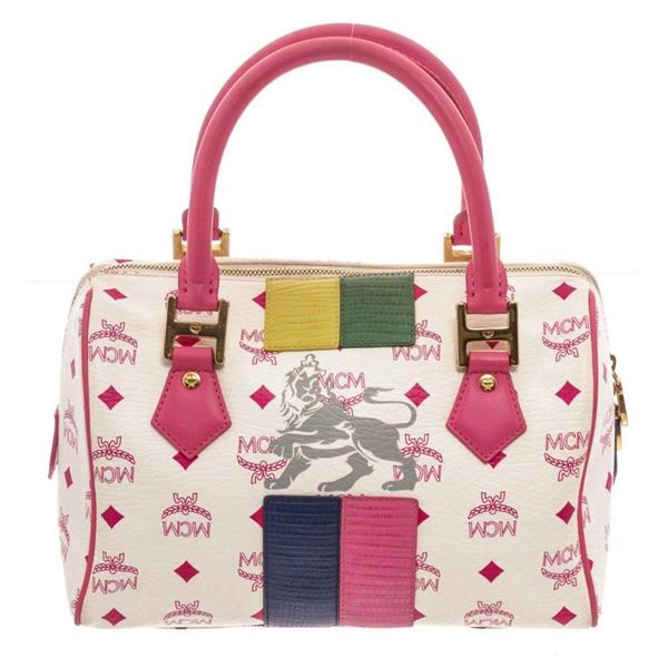 MCM Pink White Lion Boston Bag