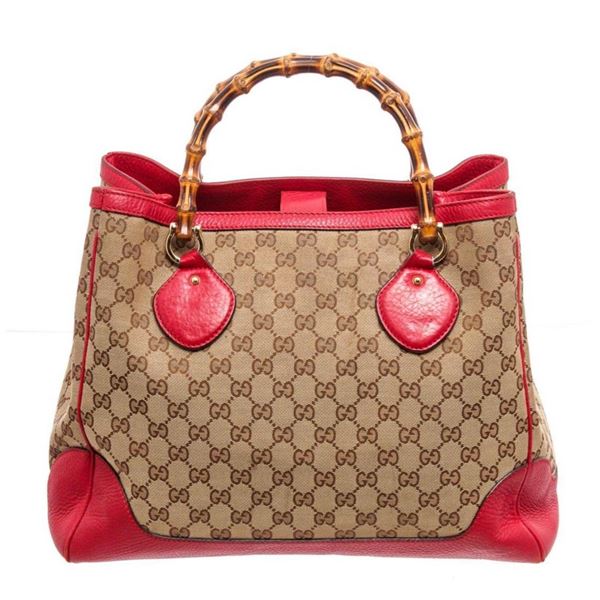 Gucci Red Leather GG Brown Canvas BB Bamboo Handle Tote Bag