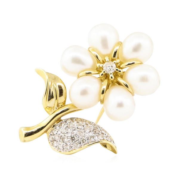 0.44 ctw Diamond and Pearl Flower Pin - 14KT Yellow Gold