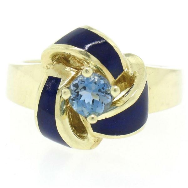 Vintage 14K Yellow Gold FINE Aquamarine & Blue Enamel Trinity Knot Cocktail Ring
