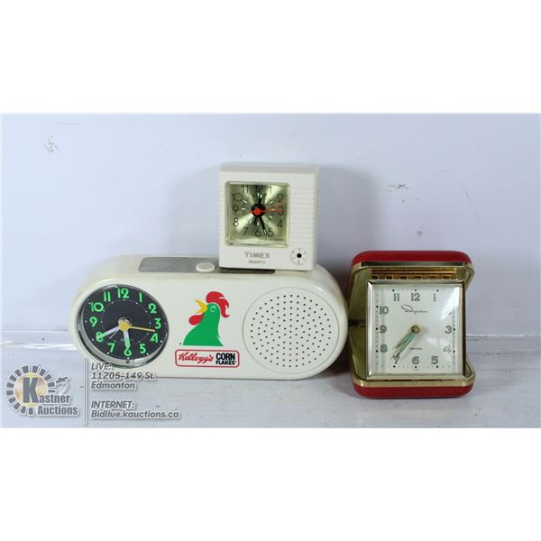 VINTAGE 3 CLOCKS/ALARM KELLOGGS