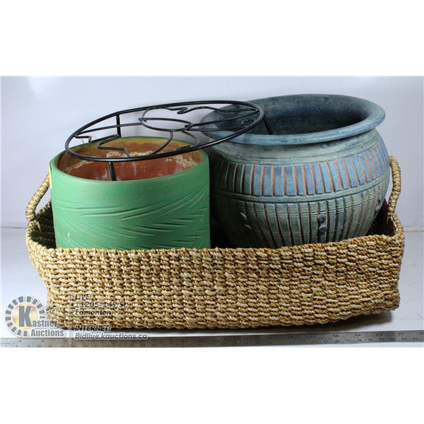 WICKER STYLE BASKET W/ 3 GARDEN POTS, PLANT STAND,