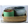 Image 1 : WICKER STYLE BASKET W/ 3 GARDEN POTS, PLANT STAND,