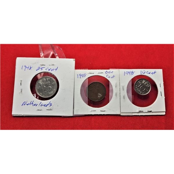5)  LOT OF 3 NETHERLANDS COINS, ALL FROM 1948,