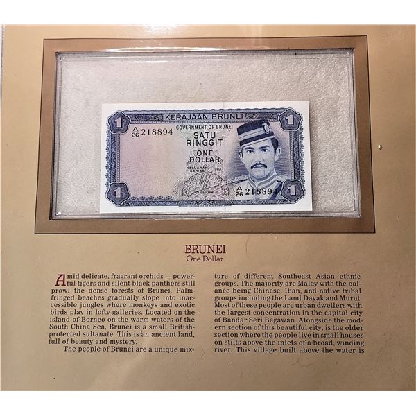 2)  BRUNEI $1.00 BANKNOTE, FRAMED WITH