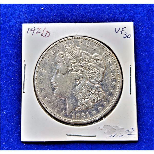 8)  US 1921 D MORGAN SILVER DOLLAR, 90% SILVER