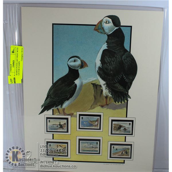 UNFRAMED PUFFIN ART PRINT WITH COLLECTOR STAMPS