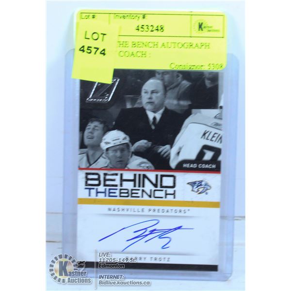 BEHIND THE BENCH AUTOGRAPH CARD BY COACH :