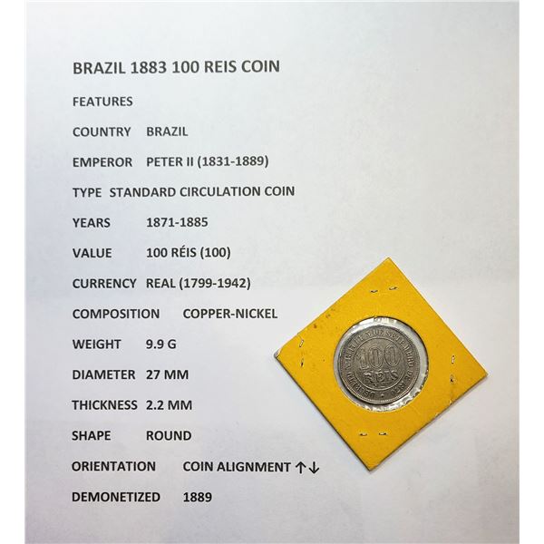 2)  BRAZIL 1883 100 REIS COIN