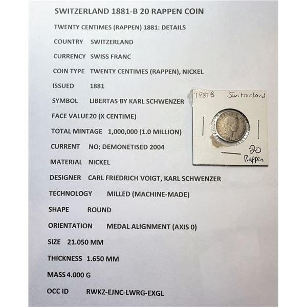 3)  SWISS 1889 B 20 RAPPEN COIN