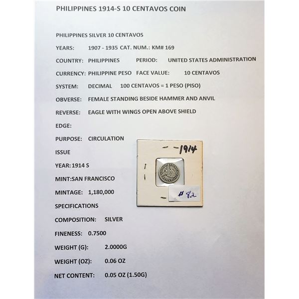 1)  PHILLIPINES 1914-S 10 CENTAVOS COIN