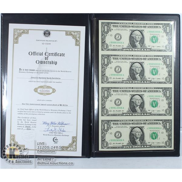 UNCUT SHEET OF 4 USA $1 BANKNOTES