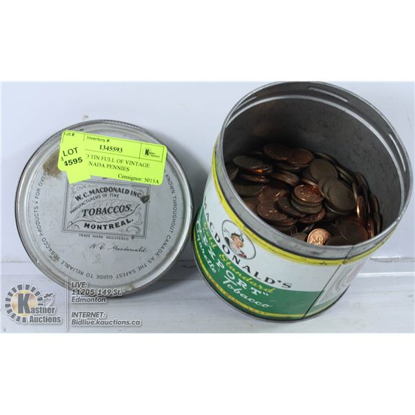 TOBACCO TIN FULL OF VINTAGE MIXED CANADA PENNIES