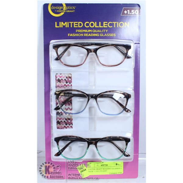 FOSTER GRANT READING GLASSES 3 PACK +1.50 LTD EDIT