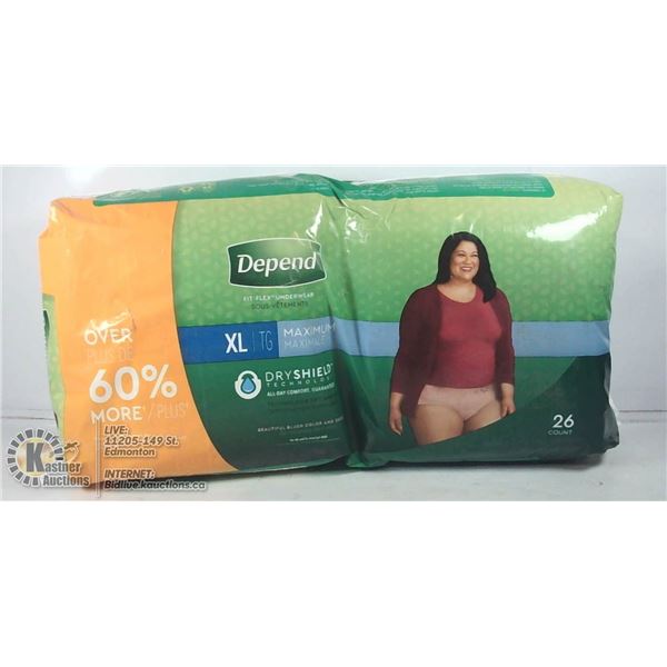 DEPEND XL MAXIMUM DRY SHIELD TECHNOLOGY.